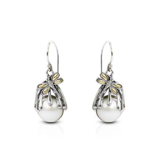 white mabe pearl earrings 925 sterling silver decorated with dragonfly on root filigree ornament