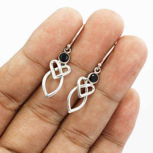 Celtic earrings 925 sterling silver with genuine onyx bezel set dangle drop