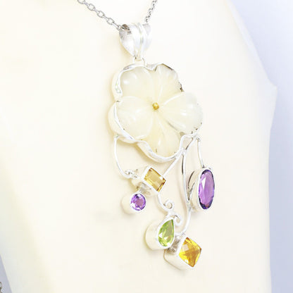 flower pendant necklace set in 925 sterling silver with multi stone bezel set