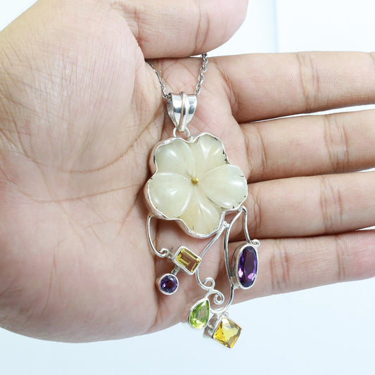 flower pendant necklace set in 925 sterling silver with multi stone bezel set