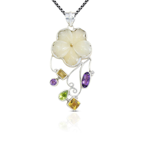 flower pendant necklace set in 925 sterling silver with multi stone bezel set