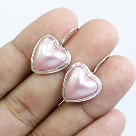 heart shape pink mabe pearl earrings 925 sterling silver with kidney lock bezel set