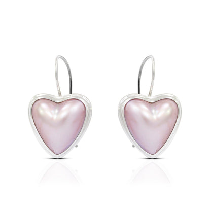 heart shape pink mabe pearl earrings 925 sterling silver with kidney lock bezel set