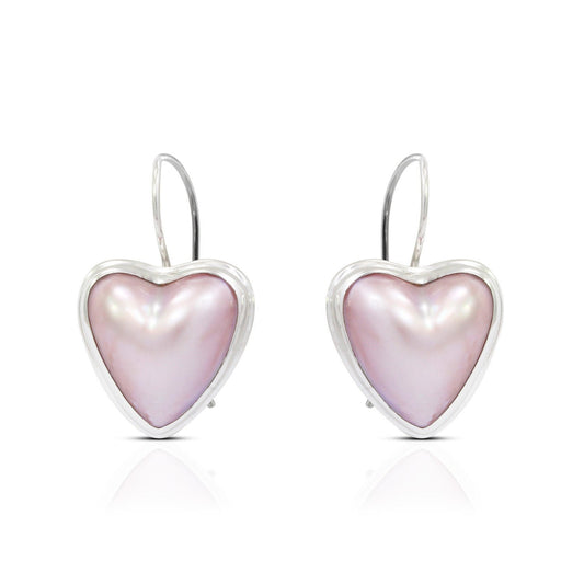heart shape pink mabe pearl earrings 925 sterling silver with kidney lock bezel set