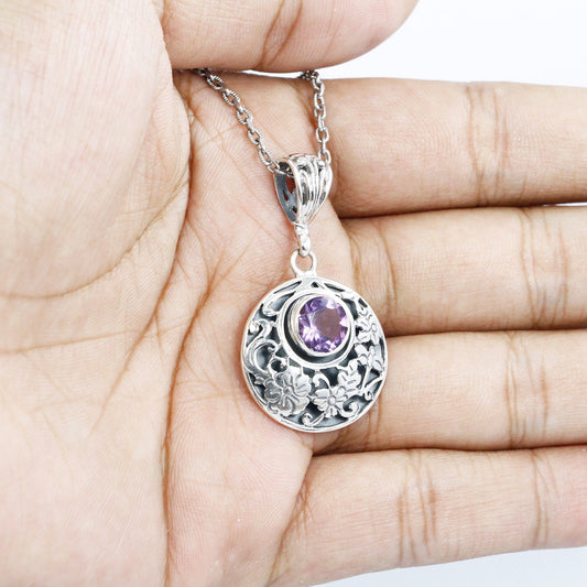 amethyst pendant 925 sterling silver decorated with flower ornament