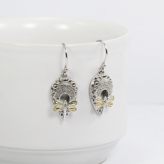 Dragonfly earrings drop 925 sterling silver with 18K yellow gold and white stone pave