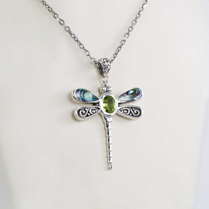 Dragonfly pendant 925 sterling silver with genuine green peridot and abalone shell decorated with swirl filigree