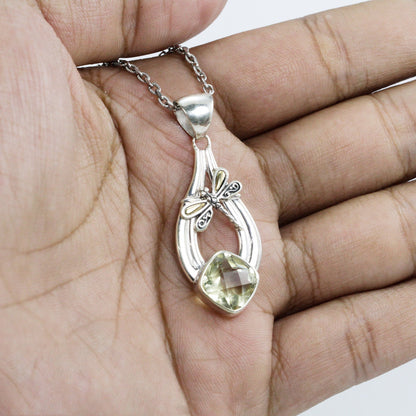 Unique Lemon Quartz Pendant 925 and 18K yellow gold sterling silver with dragonfly ornament