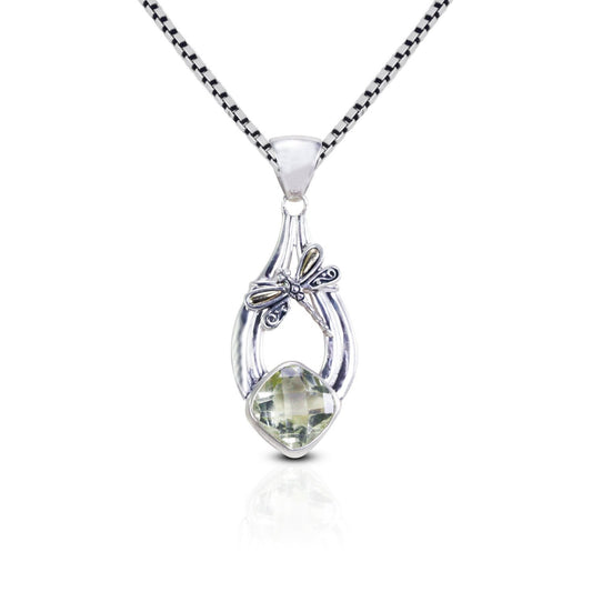 Unique Lemon Quartz Pendant 925 and 18K yellow gold sterling silver with dragonfly ornament