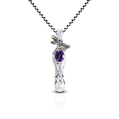 floral shape pendant necklace 925 sterling silver and 18K gold with genuine amethyst and drop pearl decorated with dragonfly ornament