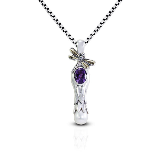 floral shape pendant necklace 925 sterling silver and 18K gold with genuine amethyst and drop pearl decorated with dragonfly ornament