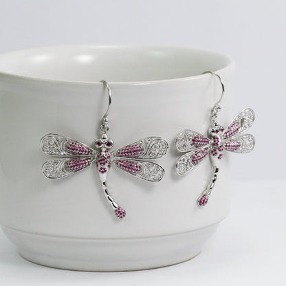 dragonfly earrings 925 sterling silver decorated with genuine red ruby pave setting