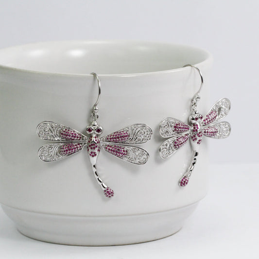 dragonfly earrings 925 sterling silver decorated with genuine red ruby pave setting