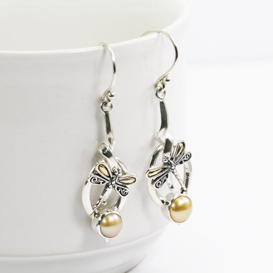 yellow pearl earrings 925 sterling silver decorated with 18K yellow gold ornament