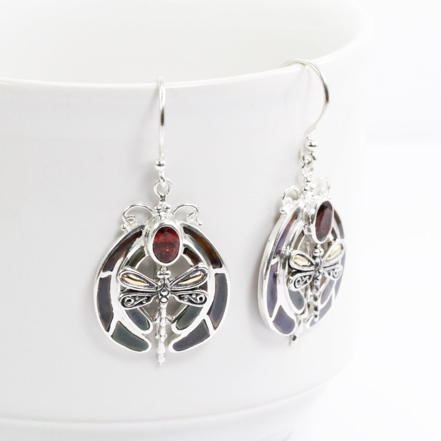 dragonfly earrings 925 sterling silver decorated with genuine red garnet, 18K yellow gold and natural black shell
