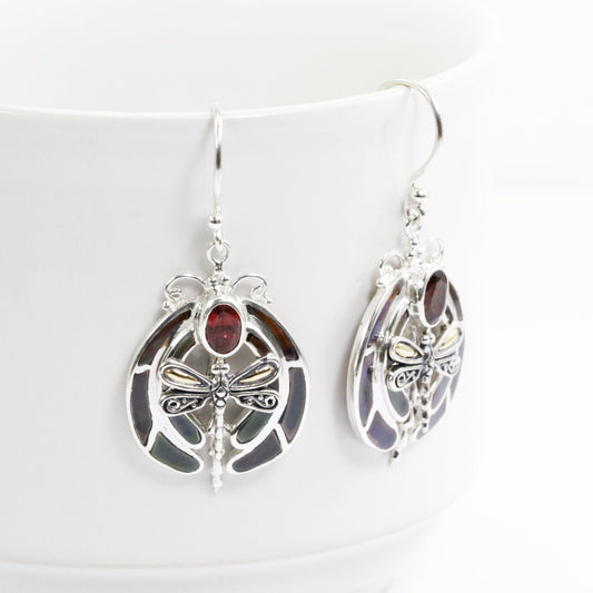 dragonfly earrings 925 sterling silver decorated with genuine red garnet, 18K yellow gold and natural black shell