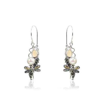 dragonfly earrings dangle 925 sterling silver with genuine citrine and freshwater pearl leaf filigree ornament