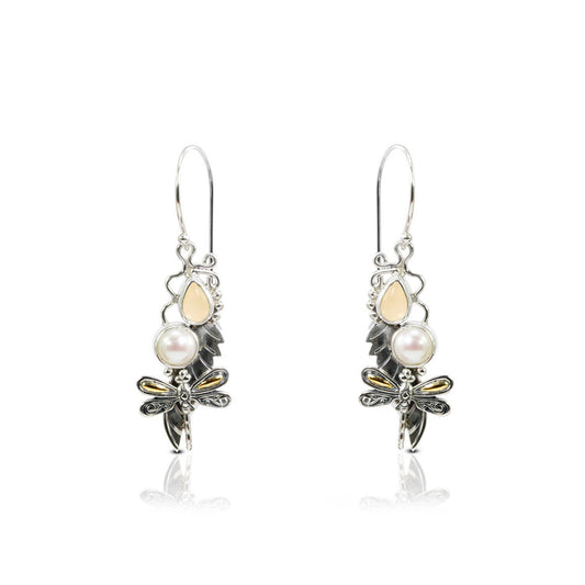 dragonfly earrings dangle 925 sterling silver with genuine citrine and freshwater pearl leaf filigree ornament