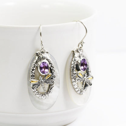 amethyst earrings 925 sterling silver with 18K yellow gold dragonfly and natural white shell