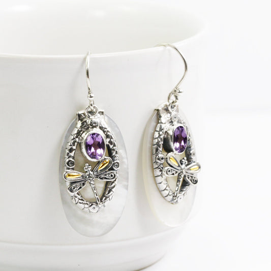 amethyst earrings 925 sterling silver with 18K yellow gold dragonfly and natural white shell