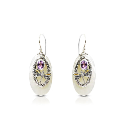 amethyst earrings 925 sterling silver with 18K yellow gold dragonfly and natural white shell
