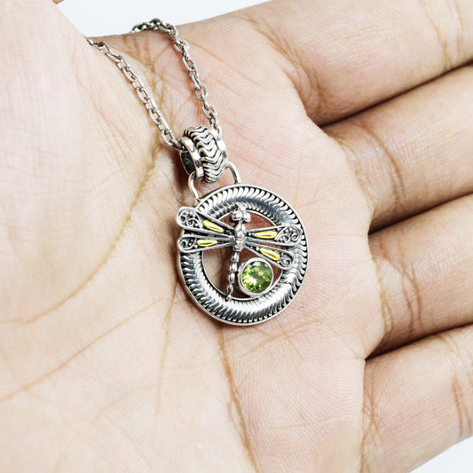 green peridot pendant 925 sterling silver decorated with 18K yellow gold dragonfly ornament