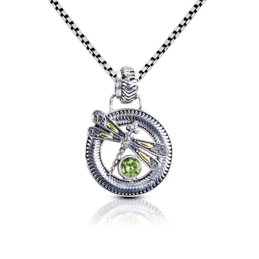 green peridot pendant 925 sterling silver decorated with 18K yellow gold dragonfly ornament