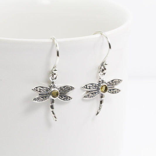 tiny dragonfly earrings 925 sterling silver decorated Yellow citrine