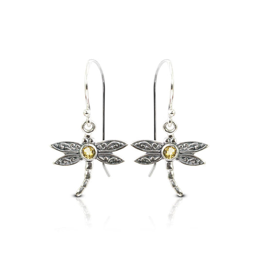 tiny dragonfly earrings 925 sterling silver decorated Yellow citrine