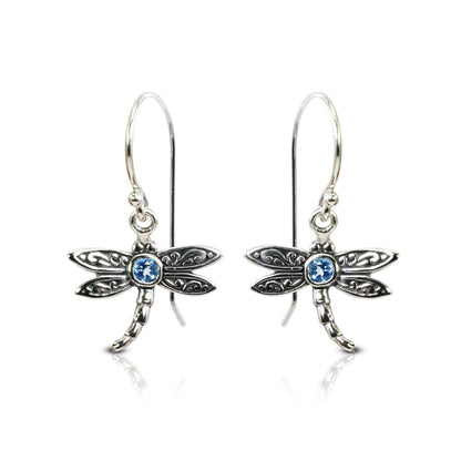 tiny dragonfly earrings 925 sterling silver decorated genuine blue topaz