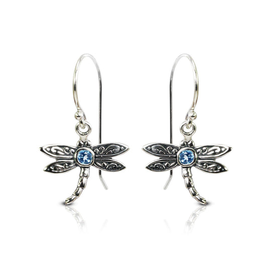 tiny dragonfly earrings 925 sterling silver decorated genuine blue topaz