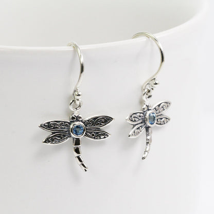 tiny dragonfly earrings 925 sterling silver decorated genuine blue topaz