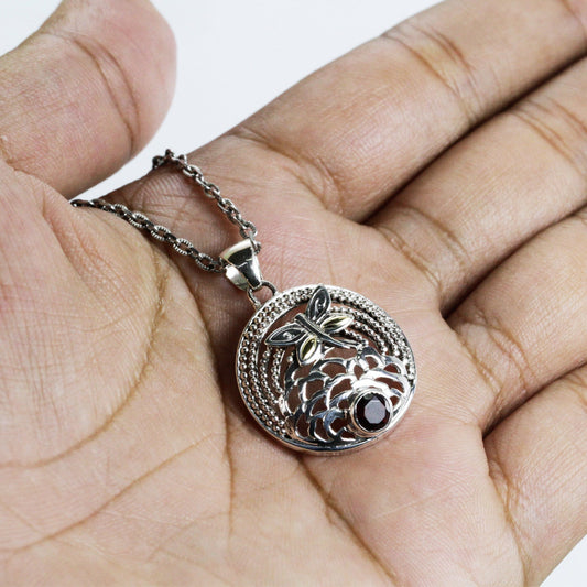red Garnet pendant necklace 925 sterling silver with dragonfly decorated ornament and chain