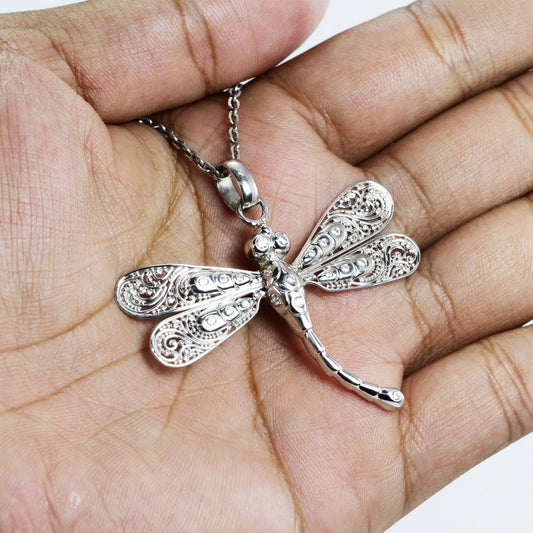 Dragonfly pendant 925 sterling silver with genuine white zircon decorated with open work filigree