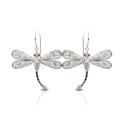 dragonfly earrings 925 sterling silver decorated with genuine red ruby and open work filigree