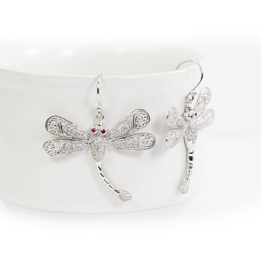 dragonfly earrings 925 sterling silver decorated with genuine red ruby and open work filigree