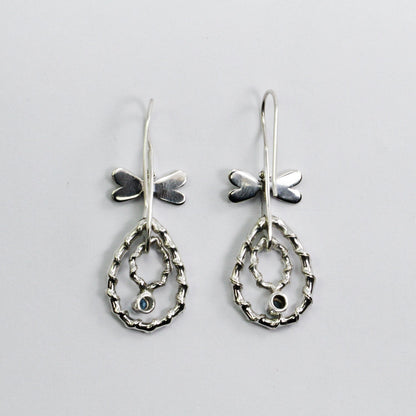 dangle drop earrings 925 sterling silver with genuine blue topaz and 18K yellow gold dragonfly ornament