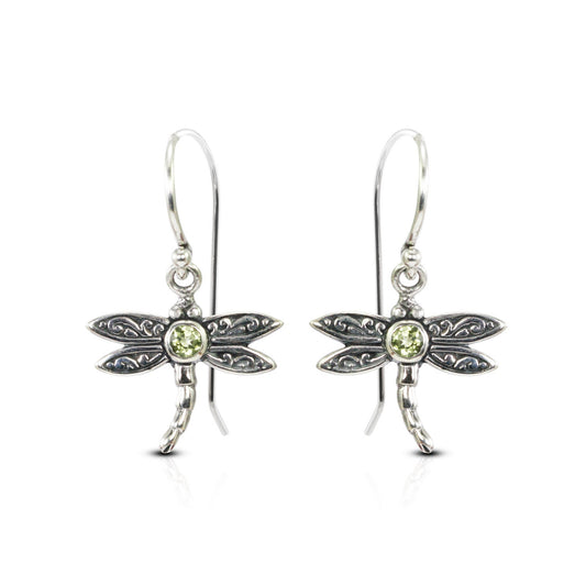 tiny dragonfly earrings 925 sterling silver decorated genuine green peridot