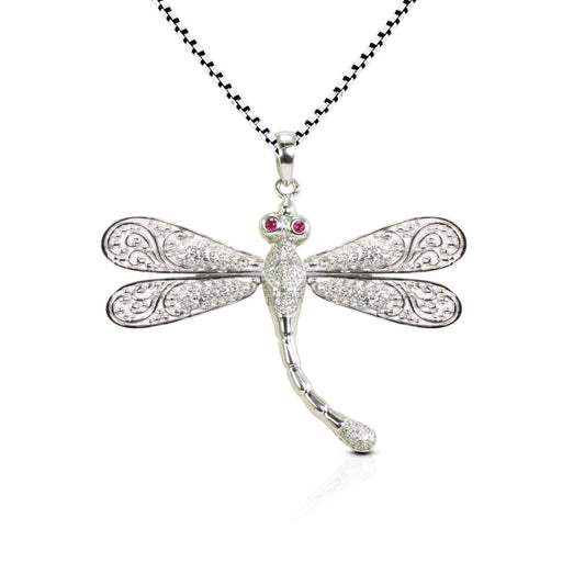 Dragonfly pendant 925 sterling silver with genuine ruby and white zircon decorated with open work filigree