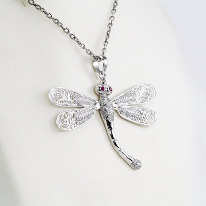 Dragonfly pendant 925 sterling silver with genuine ruby and white zircon decorated with open work filigree