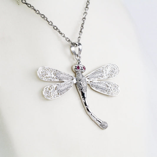Dragonfly pendant 925 sterling silver with genuine ruby and white zircon decorated with open work filigree