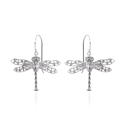 dragonfly earrings 925 sterling silver decorated with open work filigree and white zircon