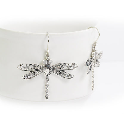 dragonfly earrings 925 sterling silver decorated with open work filigree and white zircon