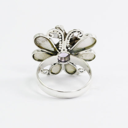 Dragonfly ring 925 sterling silver decorated with genuine amethyst and white shell and 18K yellow gold
