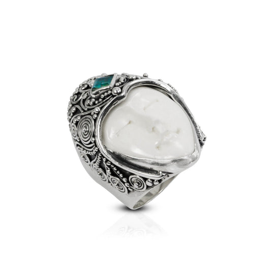 face ring 925 sterling silver with genuine blue topaz and cow bone carving and filigree ornament