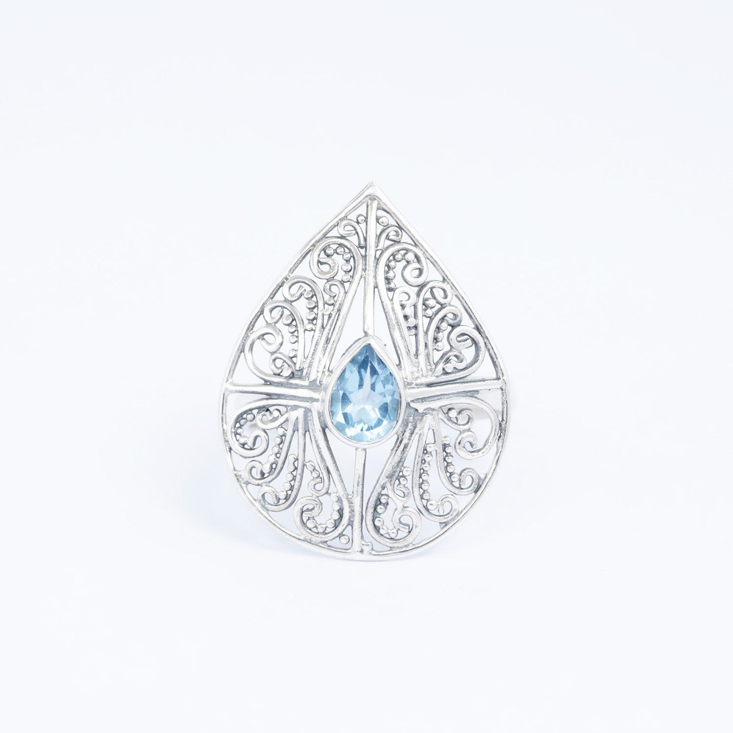 filigree ring 925 sterling silver handmade open work with genuine blue topaz tear drop shape