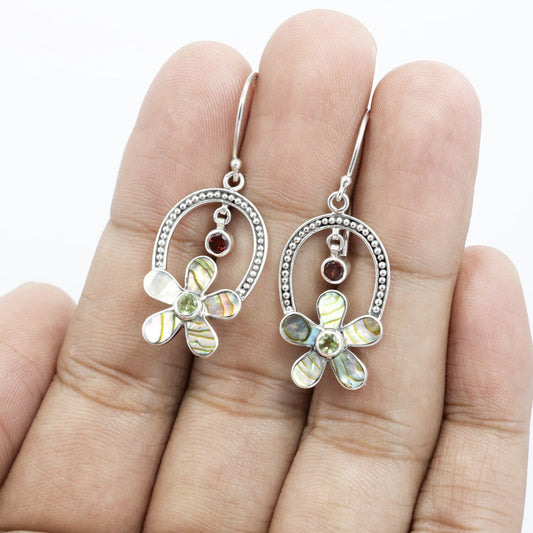flower earrings 925 sterling silver with genuine paua shell and natural red garnet with green peridot