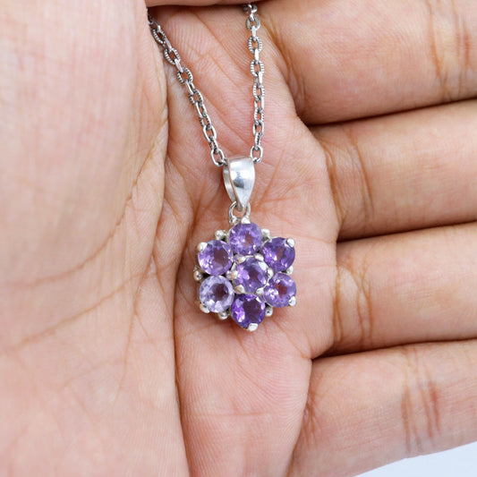 amethyst pendant necklace 925 sterling silver Flower shape with pronk setting