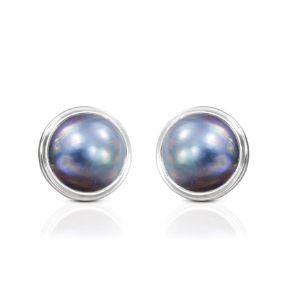 Blue Mabe Pearl stud Earrings 925 Sterling Silver with Double Bezel push back closure