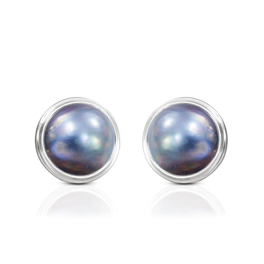 Blue Mabe Pearl stud Earrings 925 Sterling Silver with Double Bezel push back closure